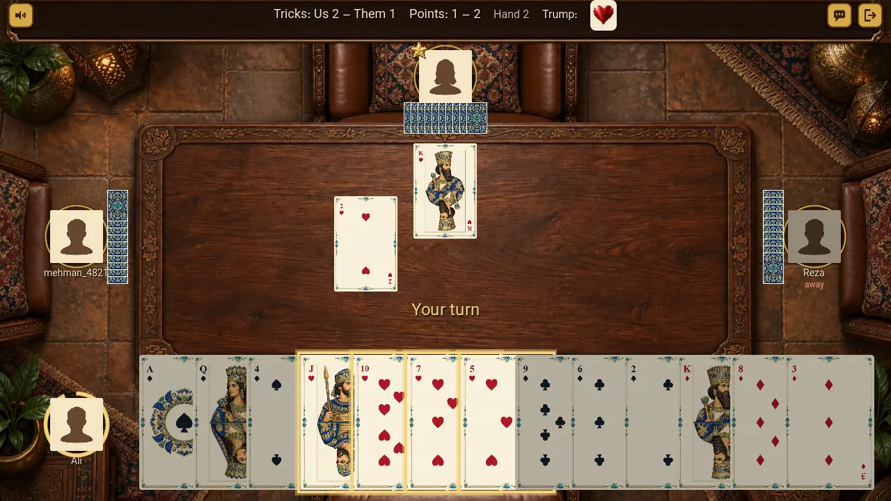 A Hokm table in the middle of a hand: hearts are trump and it is your turn